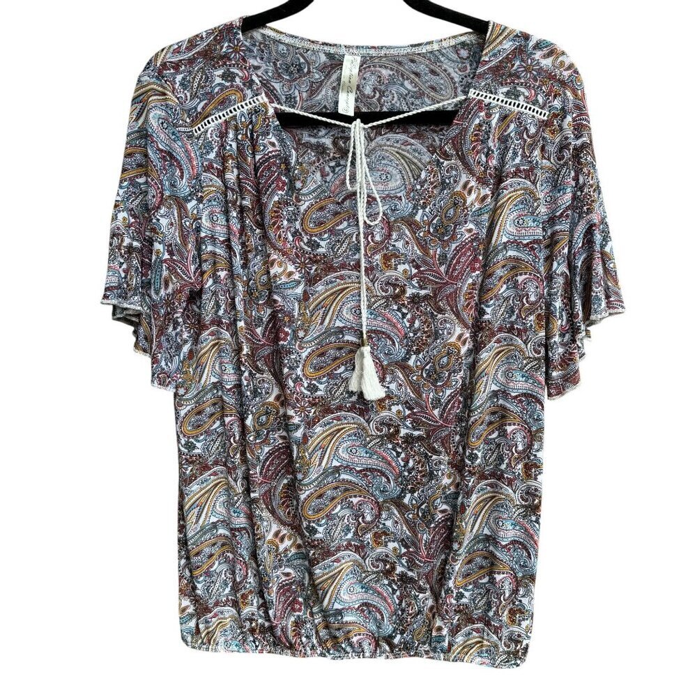 PerSeption Paisley Boho Festival Top Hippie Flutter Sleeve Tassel Ethereal M - Picture 1 of 8